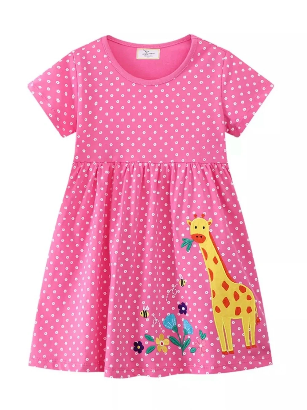 Girls' Pink Polka Dot Dress with Giraffe Applique